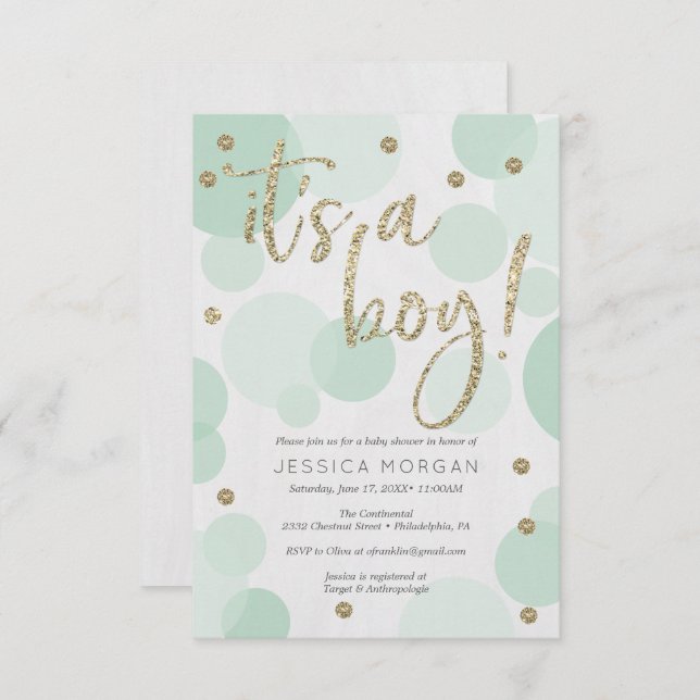 Invitation C'est un garçon vert Polka Dot Baby Shower Invitat (Devant / Derrière)