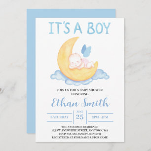 Invitation C'est un garçon Watercolor Baby Boy On Moon Baby s