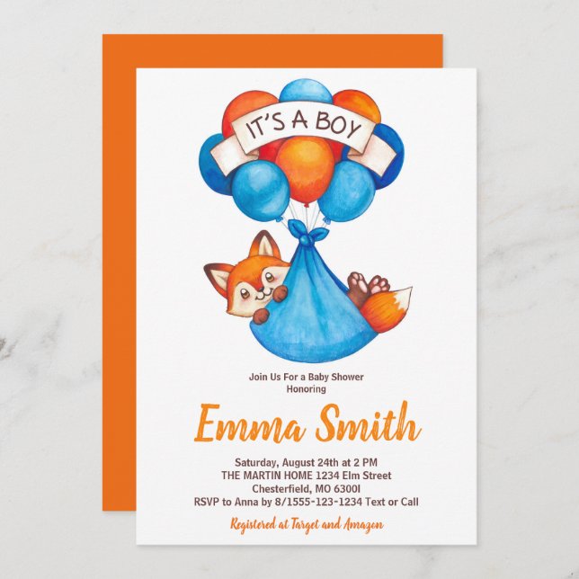 Invitation C'est un garçon Watercolor Fox Baby shower Invitat (Devant / Derrière)