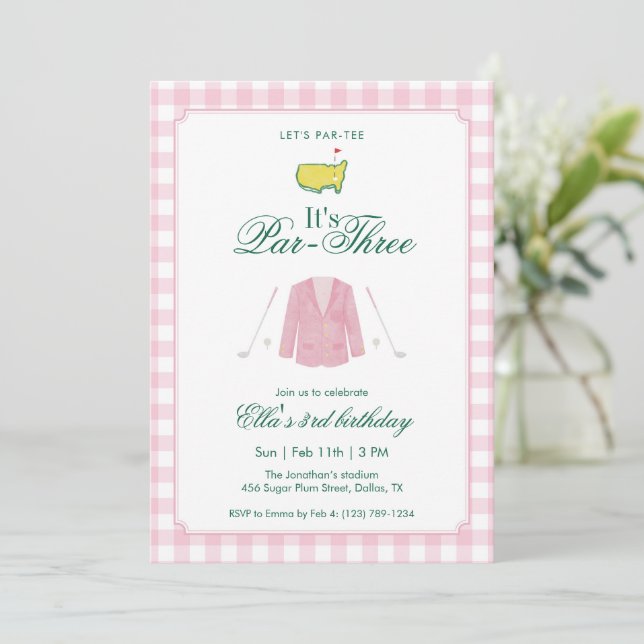 Invitation C'est un golf Par-Trois 3e anniversaire rose gingh (Debout devant)