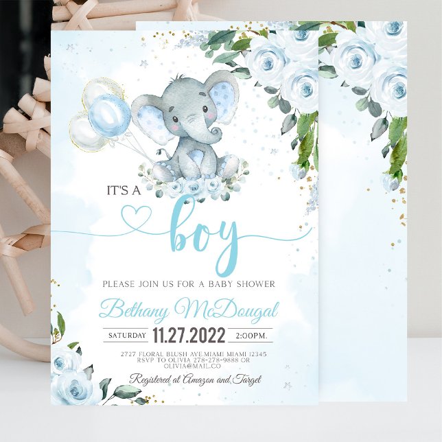 Invitation C'est un petit ballon bleu éléphant (It's a Boy' baby shower invitation with an elephant and blue balloon design, perfect for a baby boy')