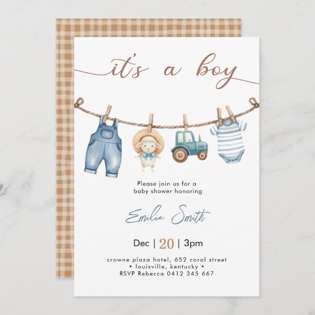 Invitation C'est un petit paysan Baby shower de linge de bébé (Devant / Derrière)
