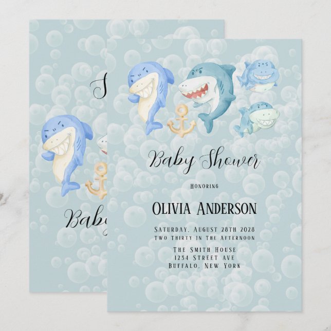 Invitation C'est un requin avec Baby shower à bulles (Devant / Derrière)