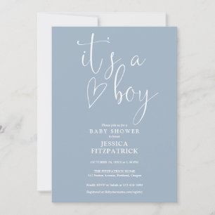 Invitation C'est un Script Garçon Coeur Dusty Blue Boy Baby s