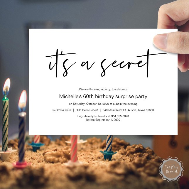 Invitation C'est un secret, Surprise Birthday Party (It's a secret !  Surprise Birthday invitation card, pdf, modern script, in black and white)