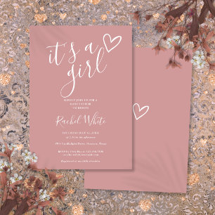 Invitation C'est une baby shower fille Heart Dusty Rose Rose