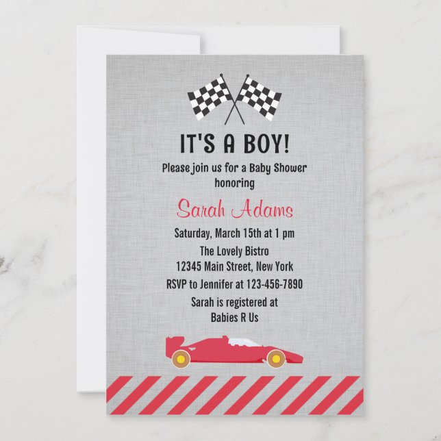 Invitation C'est une course de garçon Baby shower automobile  (Devant)
