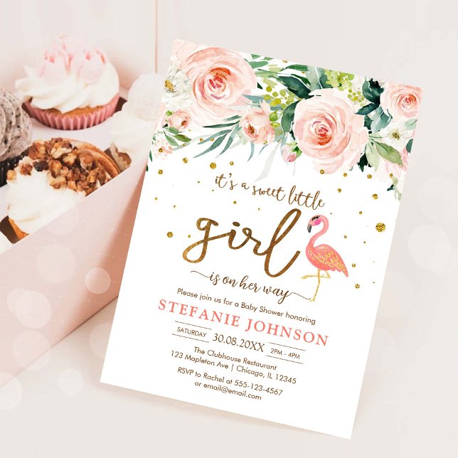 Invitation C'est une douce petite fille Fête de bébé flamant  (Créateur téléchargé)