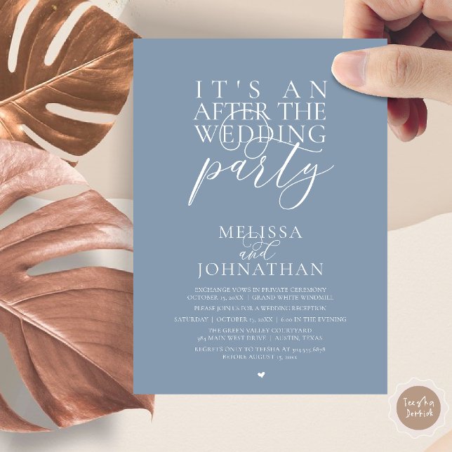 Invitation C'est une fête après le mariage, réception moderne (It's an after the wedding party, modern reception invitation Card in Yellow Dusty Blue)