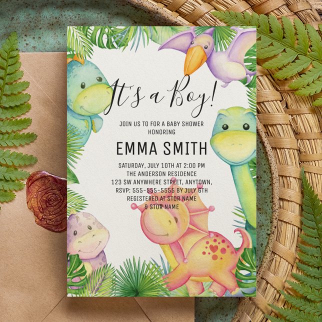 Invitation C'est une fête de baby shower pour un garçon dinos (Créateur téléchargé)