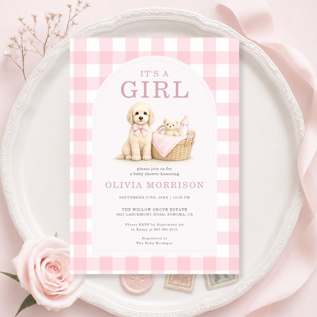 Invitation C'est une Fête de Bébé Fille Chien en Vichy (Créateur téléchargé)
