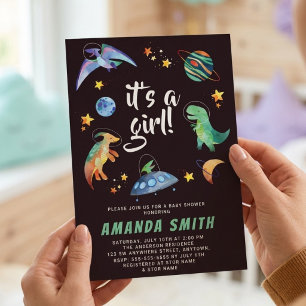 Invitation C'est une Fête de Bébé Fille Espace Dinosaure Gala