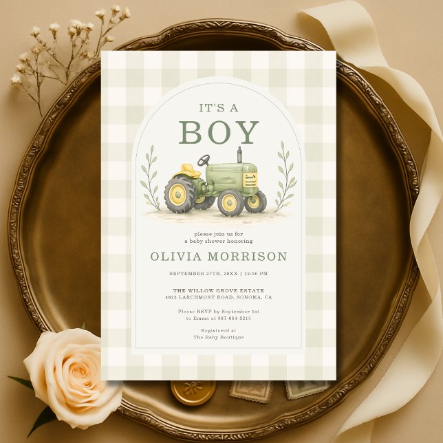 Invitation C'est une Fête de Naissance Gingham Tracteur pour  (Créateur téléchargé)