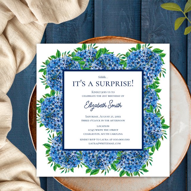 Invitation C'est une fête surprise pour 21 ans Blue Hydrangea (Front)