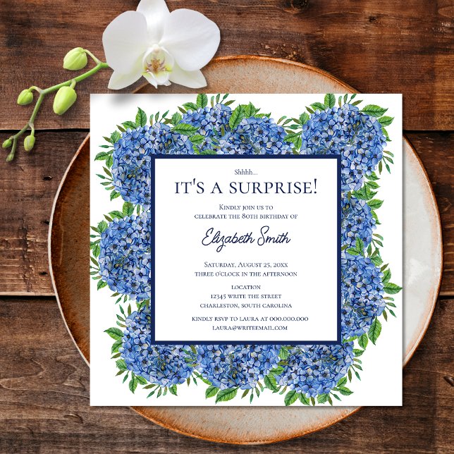 Invitation C'est une fête surprise pour 80 ans Blue Hydrangea (Front)