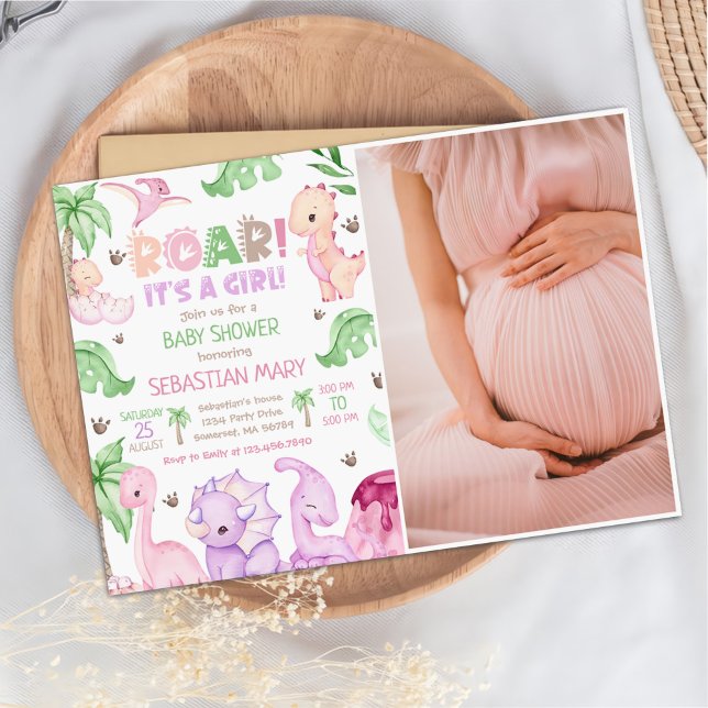 Invitation C'est une fille aquarelle Dinosaure Baby shower ph (Créateur téléchargé)