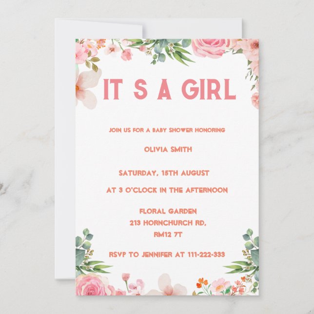 Invitation C'est une fille  Aquarelle dorée florale rose poud (Devant)
