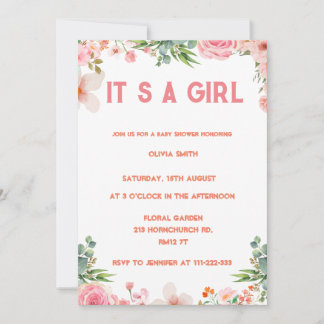 Invitation C'est une fille Aquarelle dorée florale rose poud