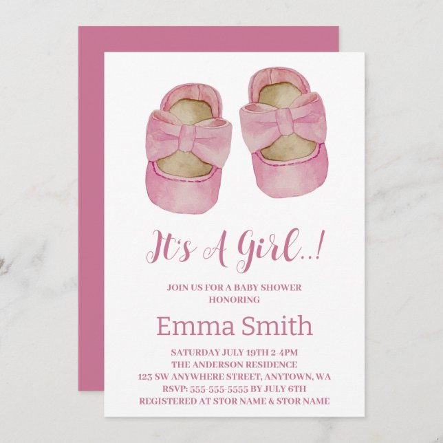 Invitation C'est une fille Aquarelle mignonne Baby shower cha (Devant / Derrière)