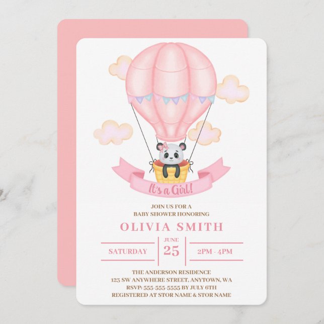 Invitation C'est une fille aquarelle Panda sur un ballon à ai (Devant / Derrière)