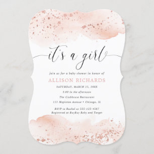 Invitation C'est une fille aquarelle rose or rose pâle bébé