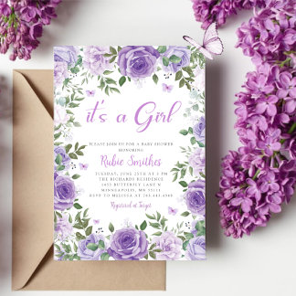 Invitation C'Est Une Fille Aquarelle Violet Baby shower Flora
