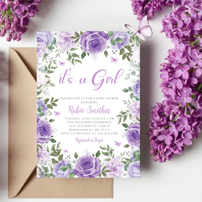 Invitation C'Est Une Fille Aquarelle Violet Baby shower Flora (Créateur téléchargé)