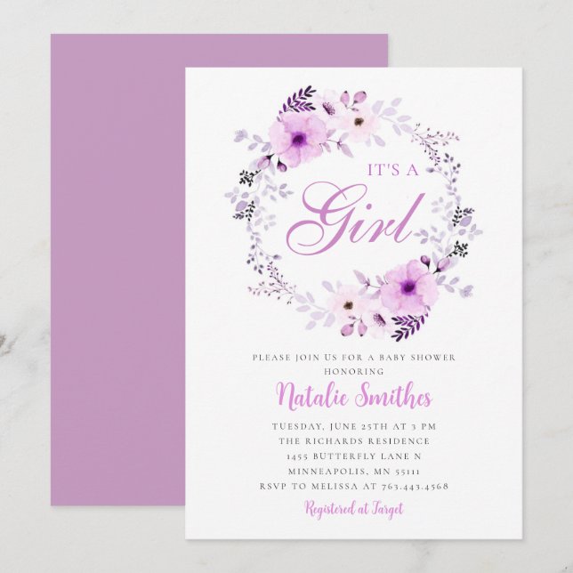 Invitation C'Est Une Fille Aquarelle Violet Baby shower Flora (Devant / Derrière)