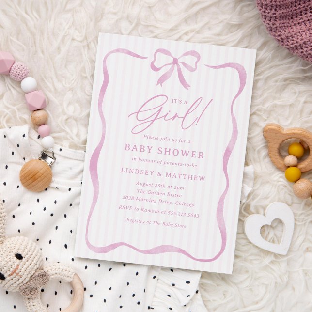 Invitation C'est une fille Arc rose Baby Shower (pink baby shower invitation for girls with watercolor ribbon and bow)
