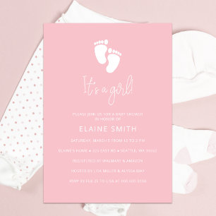 Invitation C'est une fille Baby Footprint Baby shower rose mi