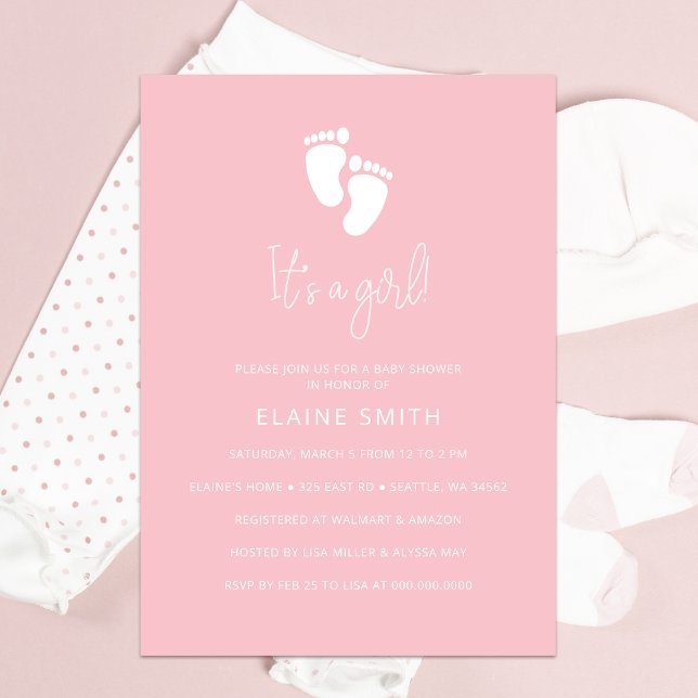 Invitation C'est une fille Baby Footprint Baby shower rose mi (Its a Girl Baby Footprint Cute Pink Baby Shower Invitation)