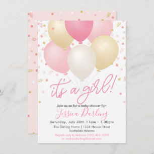 Invitation C'est une fille Baby shower Ballons roses et Confe