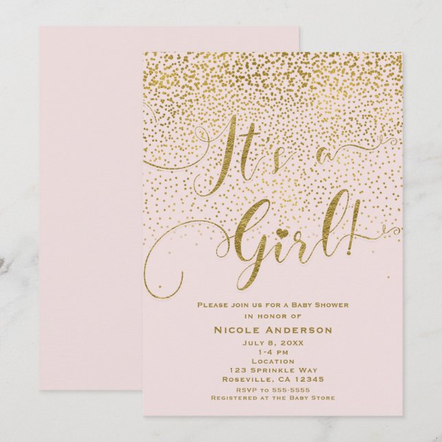 Invitation C'est une fille Baby Shower Blush Rose & Or Confet (Devant / Derrière)