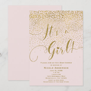 Invitation C'est une fille Baby Shower Blush Rose & Or Confet