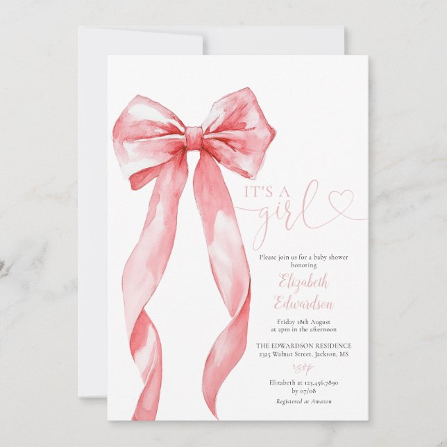Invitation C'Est Une Fille Baby shower Bow Rose Tout En Un (Devant)