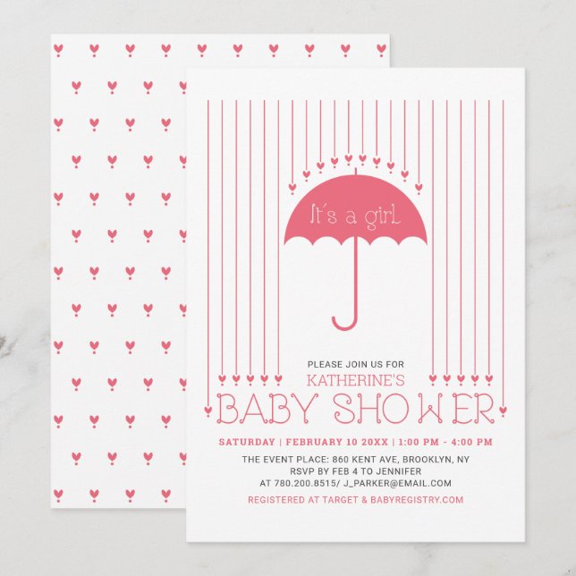 Invitation C'est une fille | Baby Shower Cœurs Mignons & Para (Devant / Derrière)