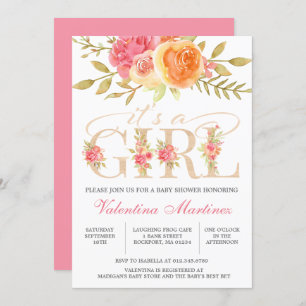 Invitation C'est une fille Baby shower d'aquarelle rose flora