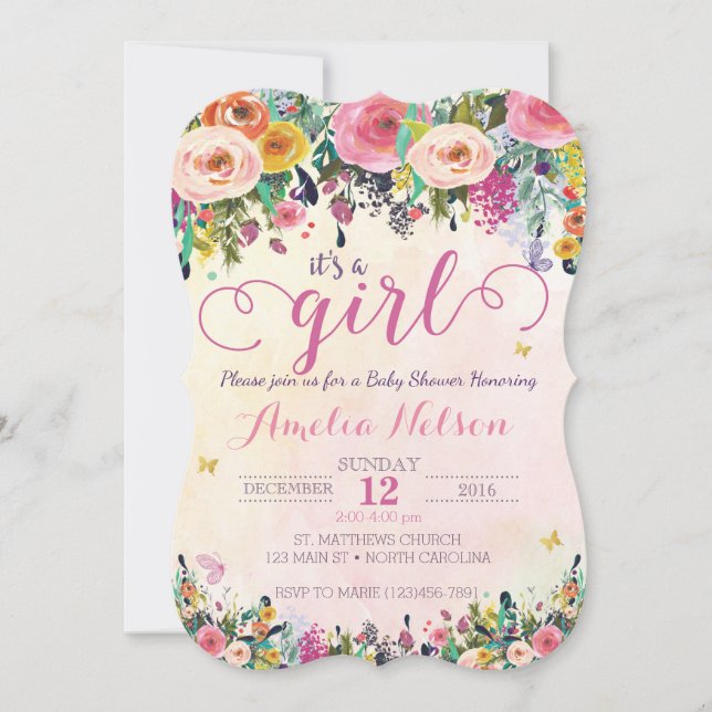 Invitation C'est une fille Baby shower de jardin fleuri Invit (Devant)