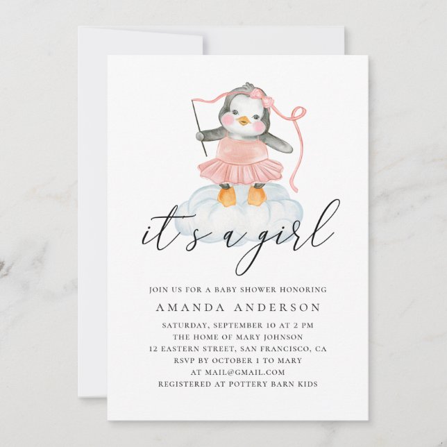 Invitation C'est une fille. Baby shower de pingouin mignon aq (Devant)