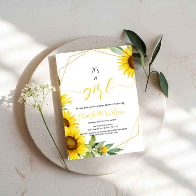 Invitation C'est une fille ! Baby shower de tournesol aquarel (Créateur téléchargé)