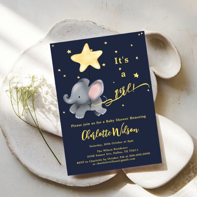 Invitation C'est une fille ! Baby shower Eléphant et Balloon  (Créateur téléchargé)