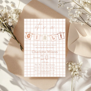Invitation C'est une fille ! Baby shower En vichy marron