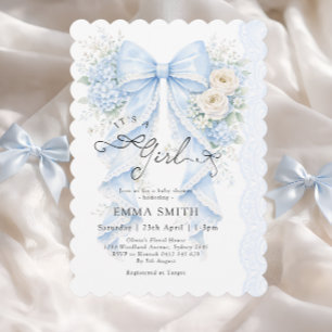 Invitation C'est une fille Baby Shower Fleurie Ruban Bleu