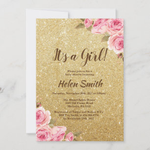 Invitation C'est une fille Baby Shower Fleurs avec paillettes