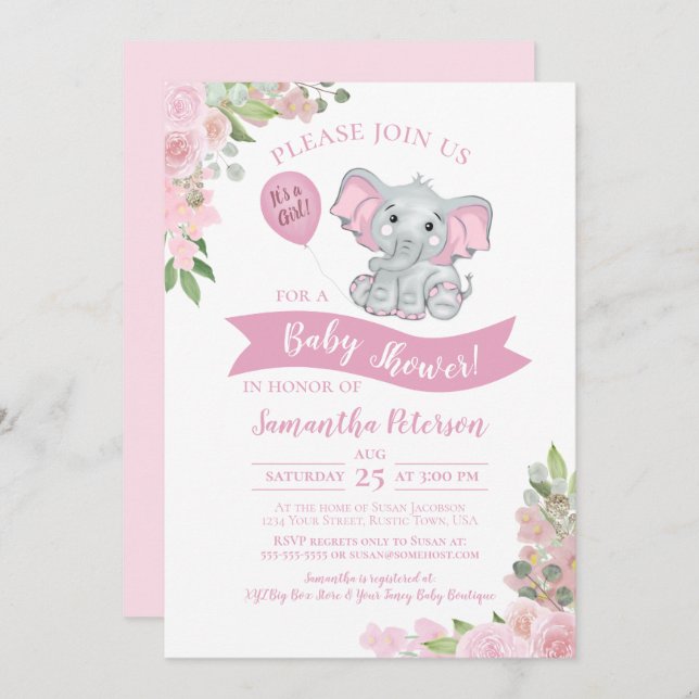 Invitation C'est une fille ! Baby shower floral rose joli Elé (Devant / Derrière)