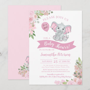 Invitation C'est une fille ! Baby shower floral rose joli Elé