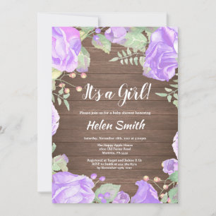 Invitation C'est une fille Baby shower Floral violet Bois rus