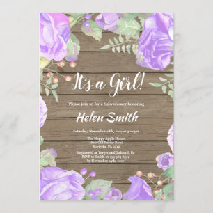 Invitation C'est une fille Baby shower Floral violet Bois rus