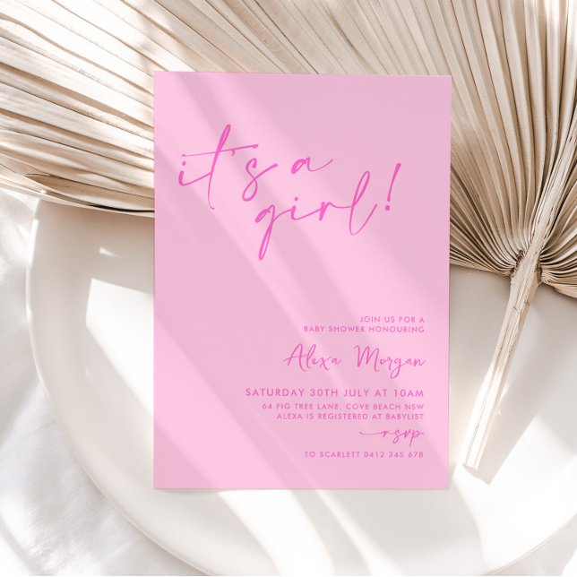 Invitation C'est une fille ! Baby shower minimal rose vif (It's a girl! Baby Shower Invitation)