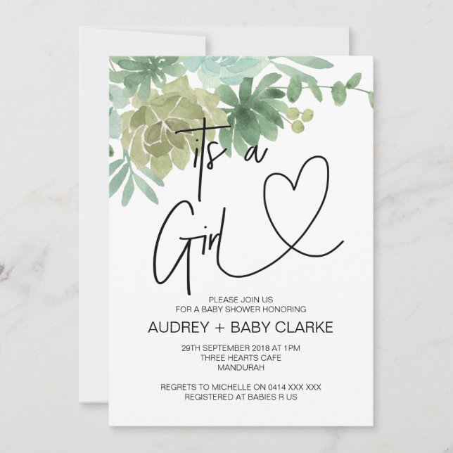 Invitation C'est une Fille Baby shower Parti Vert Succulents (Devant)